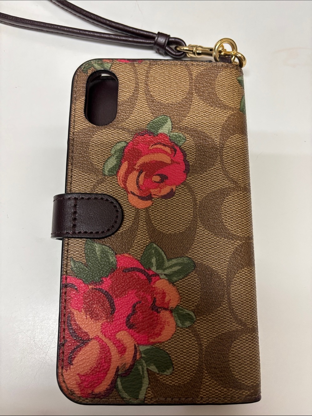 Coach Brown Signature Canvas Phone Wallet Case with Red Floral Print - Picture 4 of 10